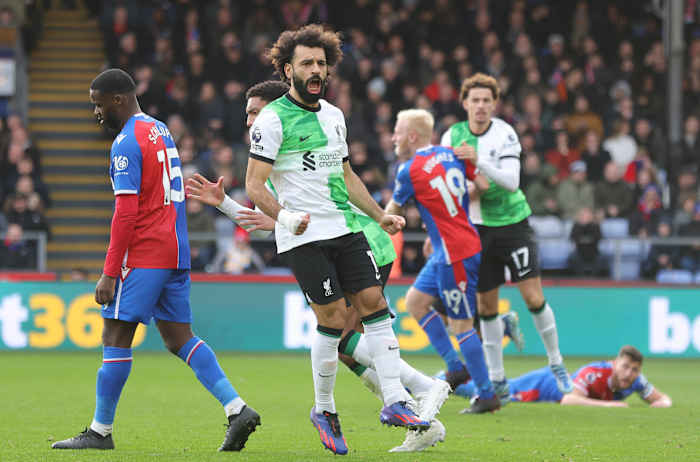 Mohamed Salah pictured (center) celebrating after scoring the 200th goal of his Liverpool career in a 2-1 win at Crystal Palace in December 2023